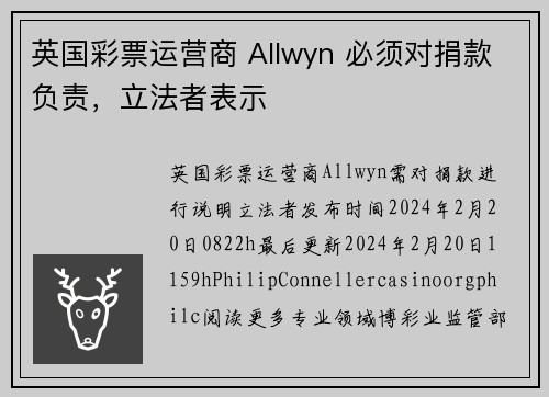 英国彩票运营商 Allwyn 必须对捐款负责，立法者表示